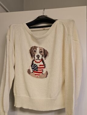 🧨🎊J.O.A. Cream  Women's Pullover Sweater w/ Patriotic Puppy Graphic large new
